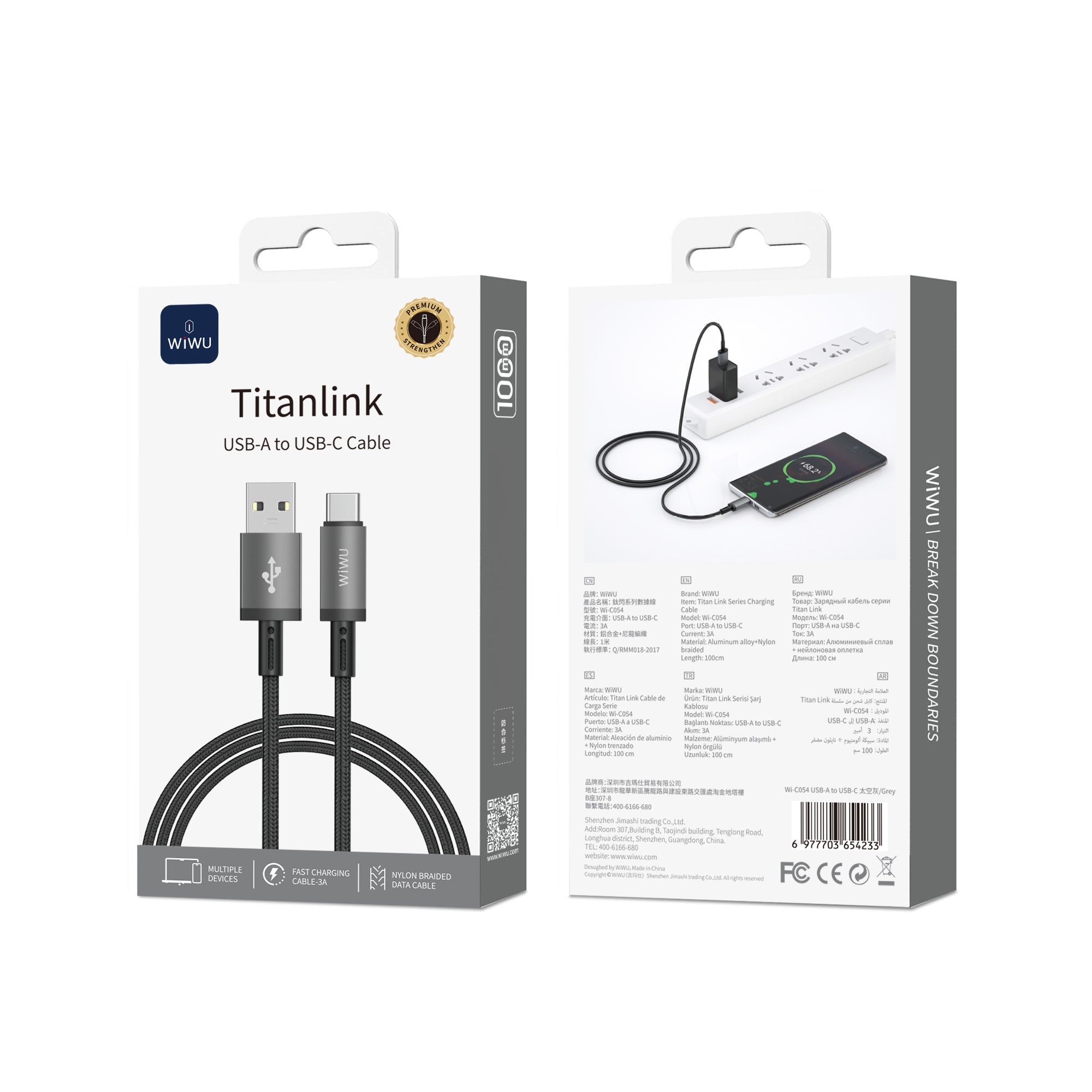 WiWU Wi-C054 1M Aluminum alloy Nylon braided TITAN LINK Series Charging Cable with USBA to Micro,USB to iP,USB-A to Type C