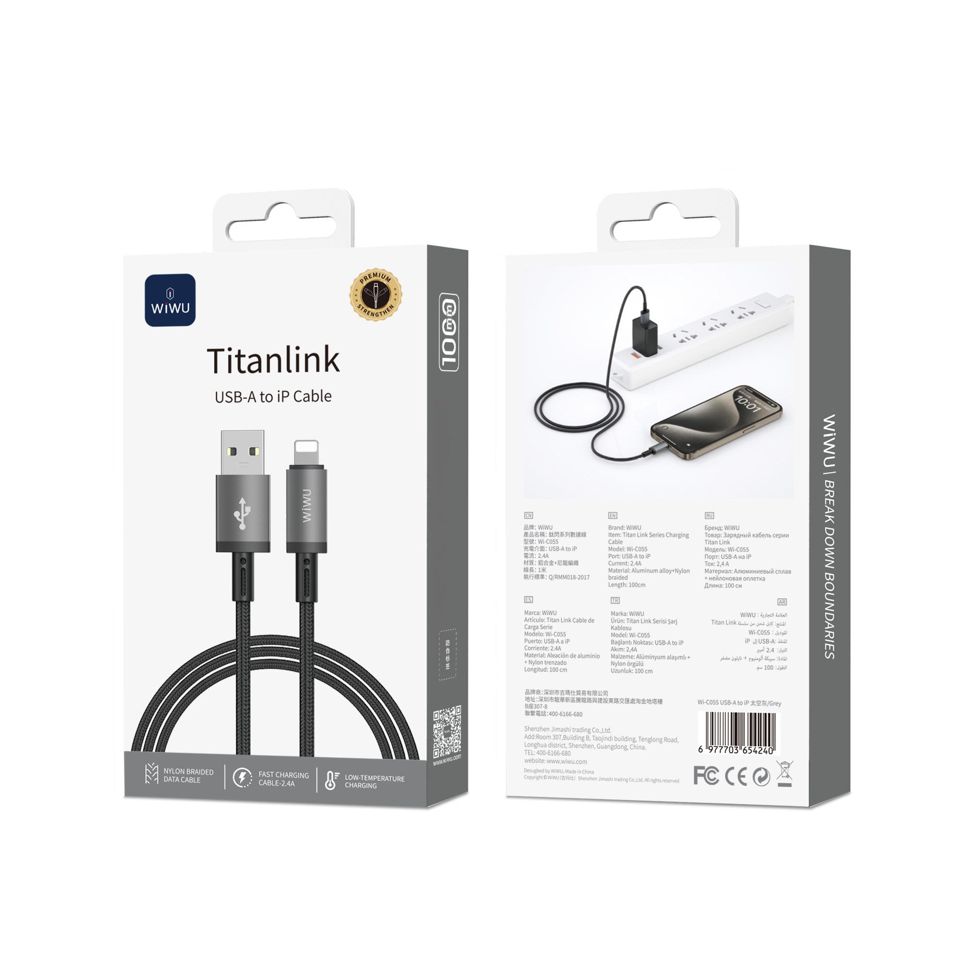 WiWU Wi-C055 1M Aluminum alloy Nylon braided TITAN LINK Series Charging Cable with USBA to Micro,USB to iP,USB-A to Type C
