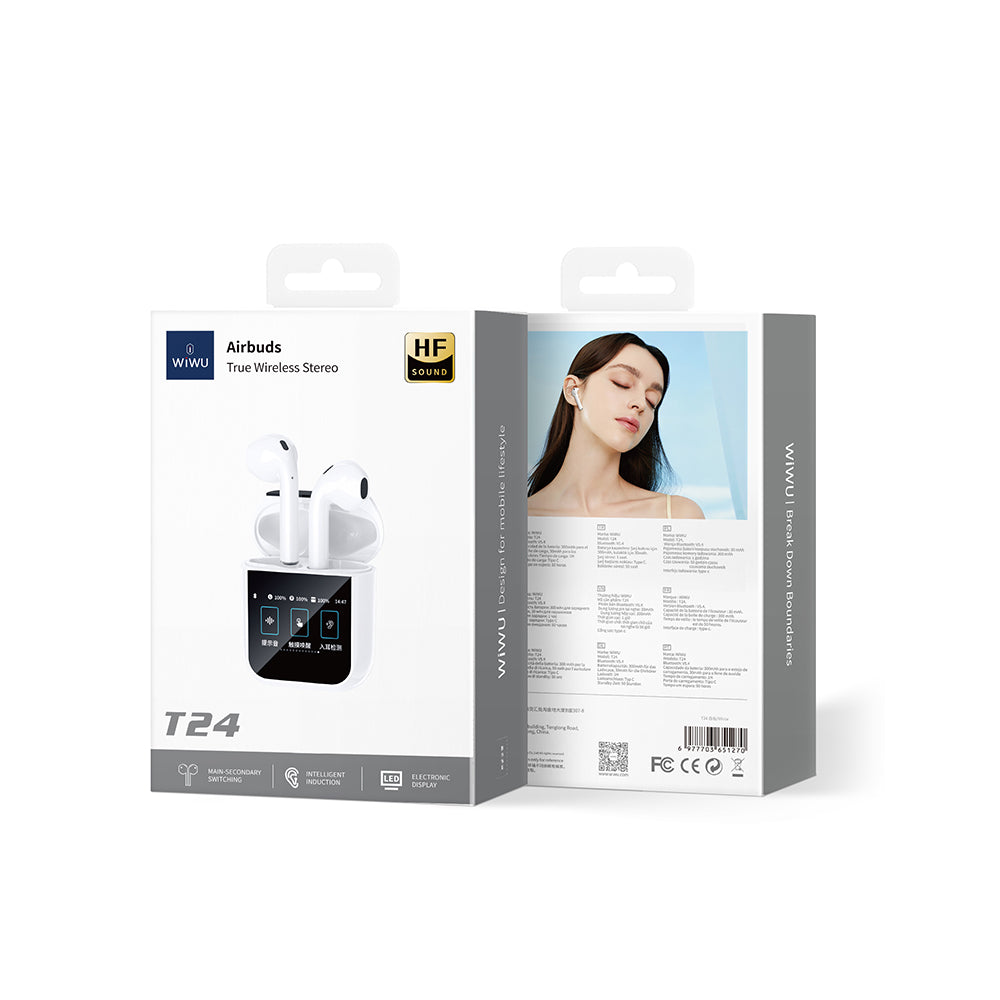 WiWU T24 Wireless Earbuds with Screen Bluetooth 6.0 4.5H Music Type-C Charging Ear Detection
