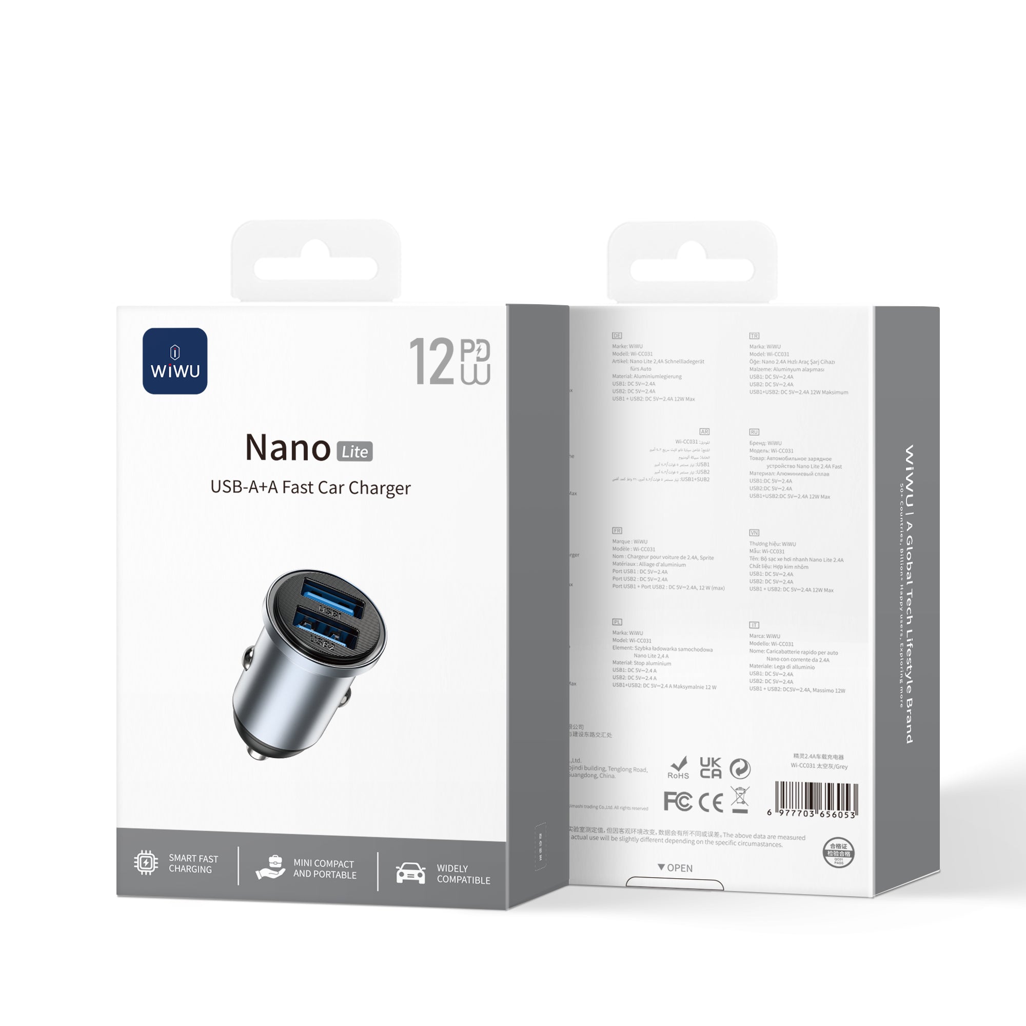 WiWU Wi‑CC031 Nano Lite 12W Dual USB Car Charger QC3.0 Fast Charging Compact Aluminum Alloy