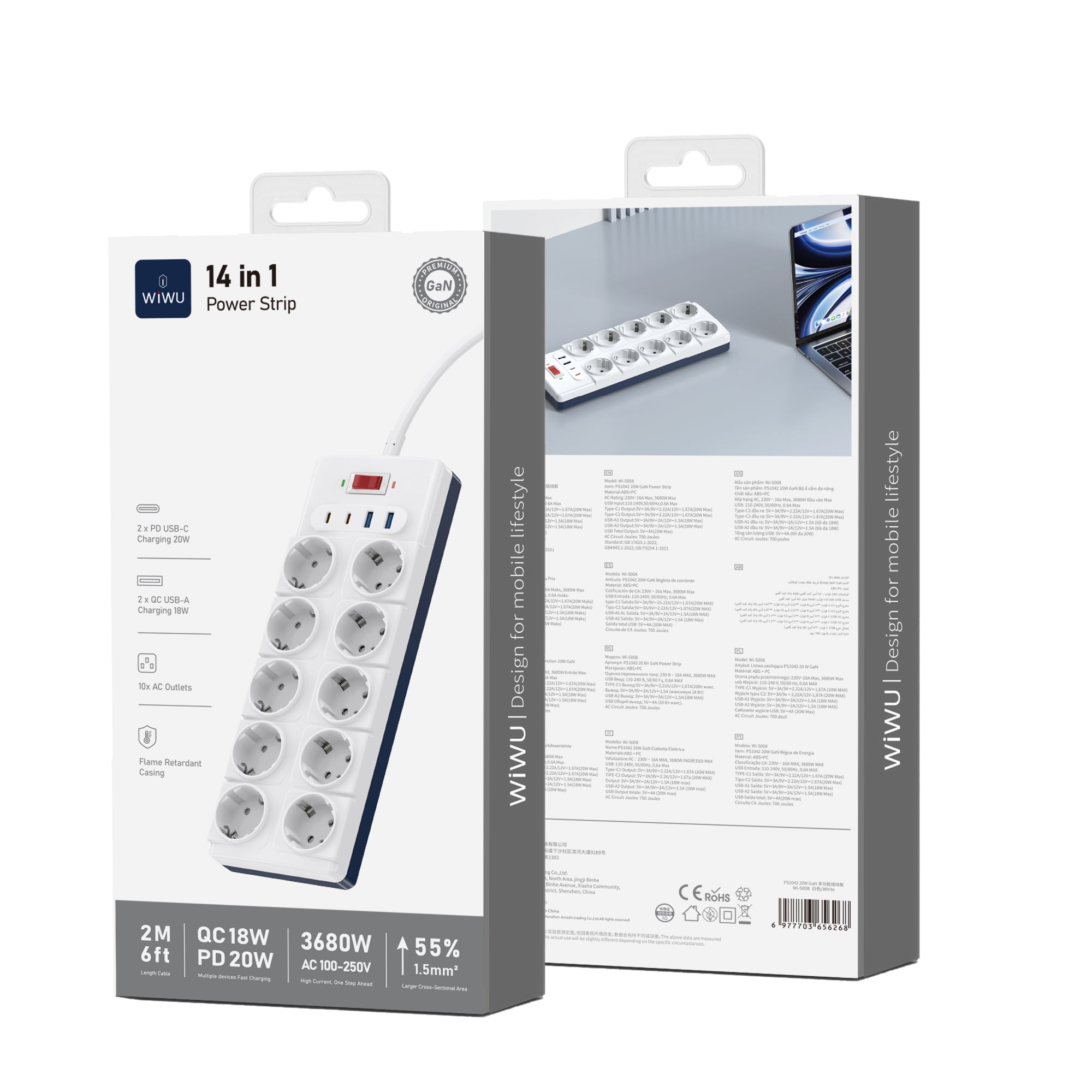 WiWU Wi-S008 PS1042 20W GaN 14 in 1 High Capacity Power Strip