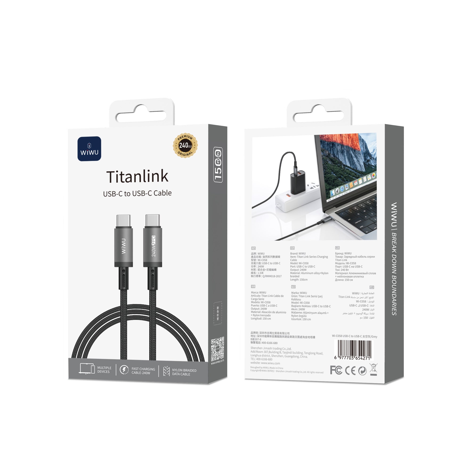 WiWU 1.5m  240W USB C to USB C TITAN LINK Series Fast Charging Cable for laptop computer Wi-C058