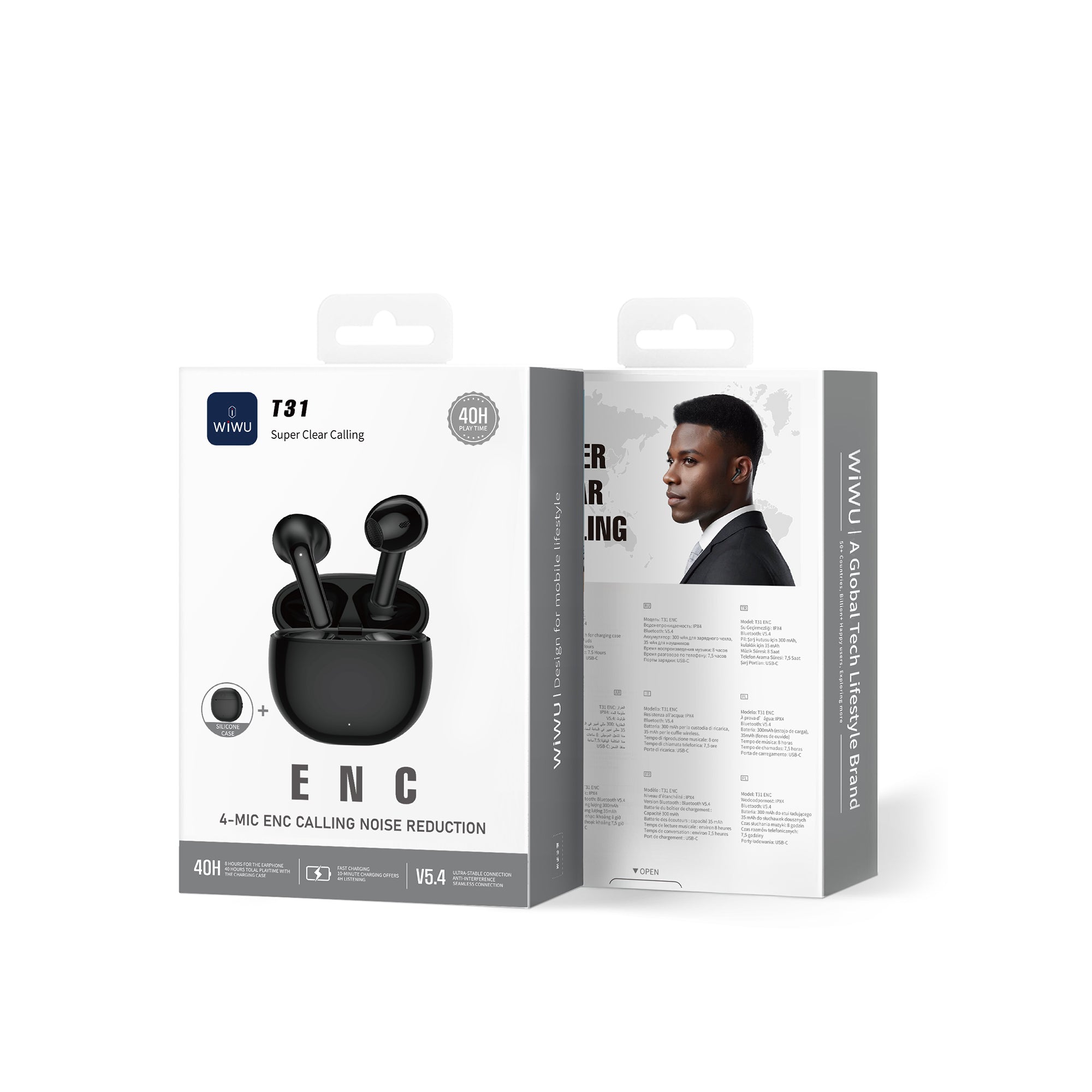 WiWU T31 ENC Wireless Earbuds Bluetooth 53 Headphones with 4 Mic ENC Noise Reduction IPX4 Waterproof 40H Battery Fast Charging Earphones for Calls and Music