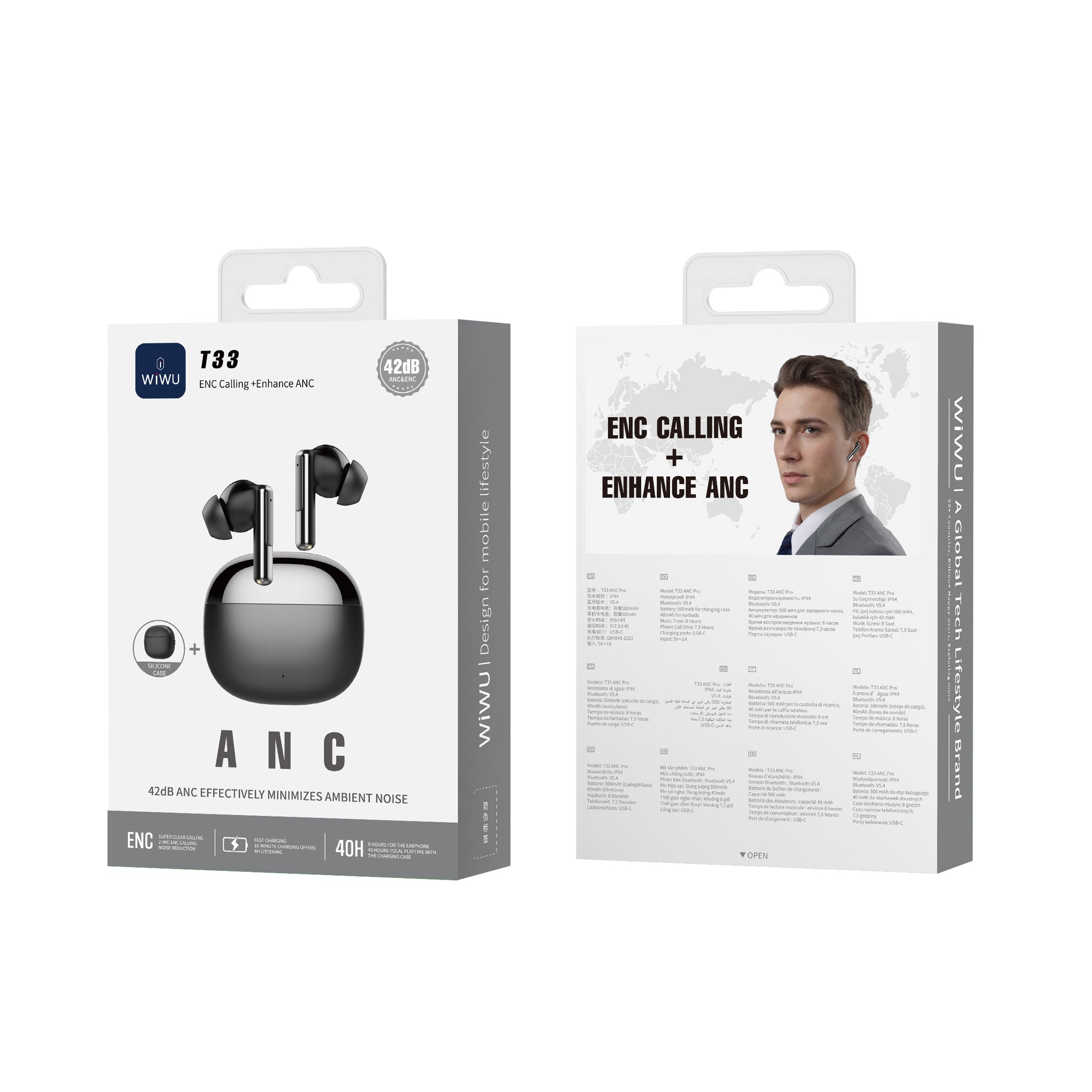 WiWU T33 ANC Pro Wireless Earbuds with 42dB Hybrid ANC 4 Mic Noise Reduction