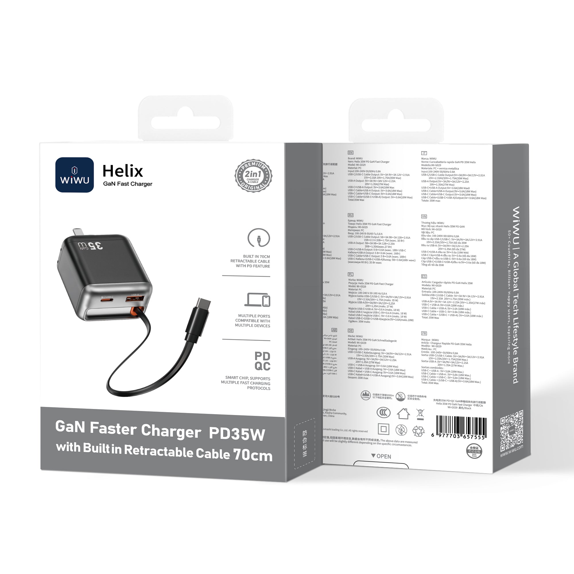 Helix GaN Faster Charger PD 35W with Built in Retractable Cable 70cm Wi-G029