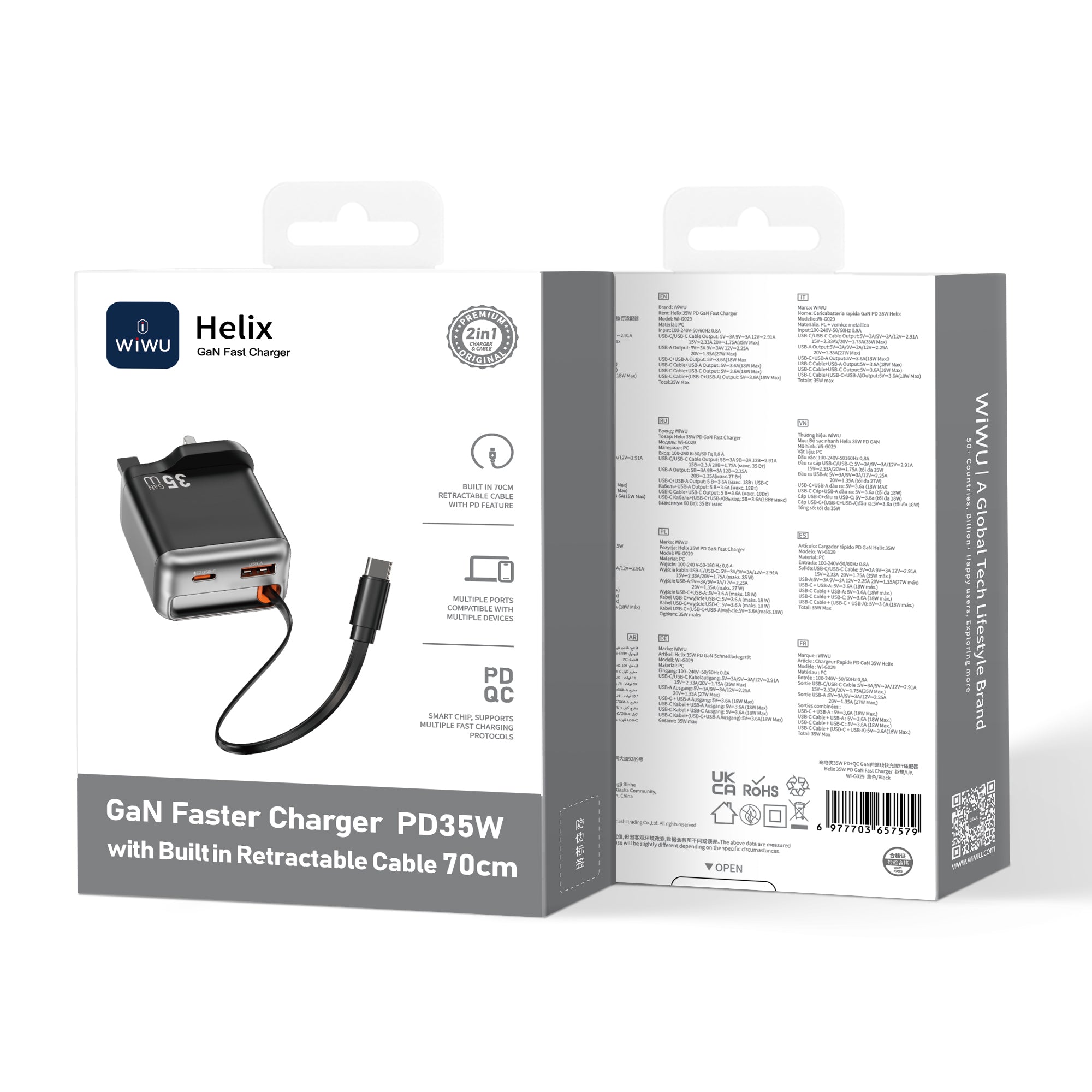 Helix GaN Faster Charger PD 35W with Built in Retractable Cable 70cm Wi-G029