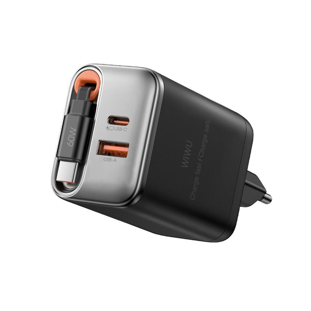 WiWU Wi-G020 67W GaN Charger with Retractable Type-C & Dual USB-C/A Ports