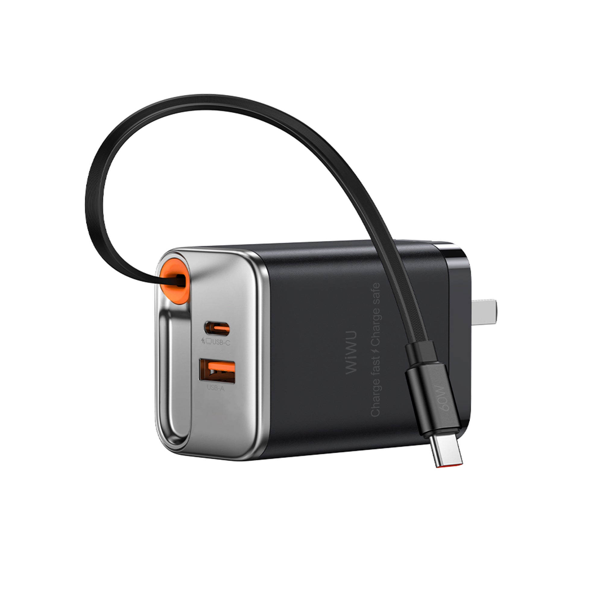 WiWU Wi-G020 67W GaN Charger with Retractable Type-C & Dual USB-C/A Ports