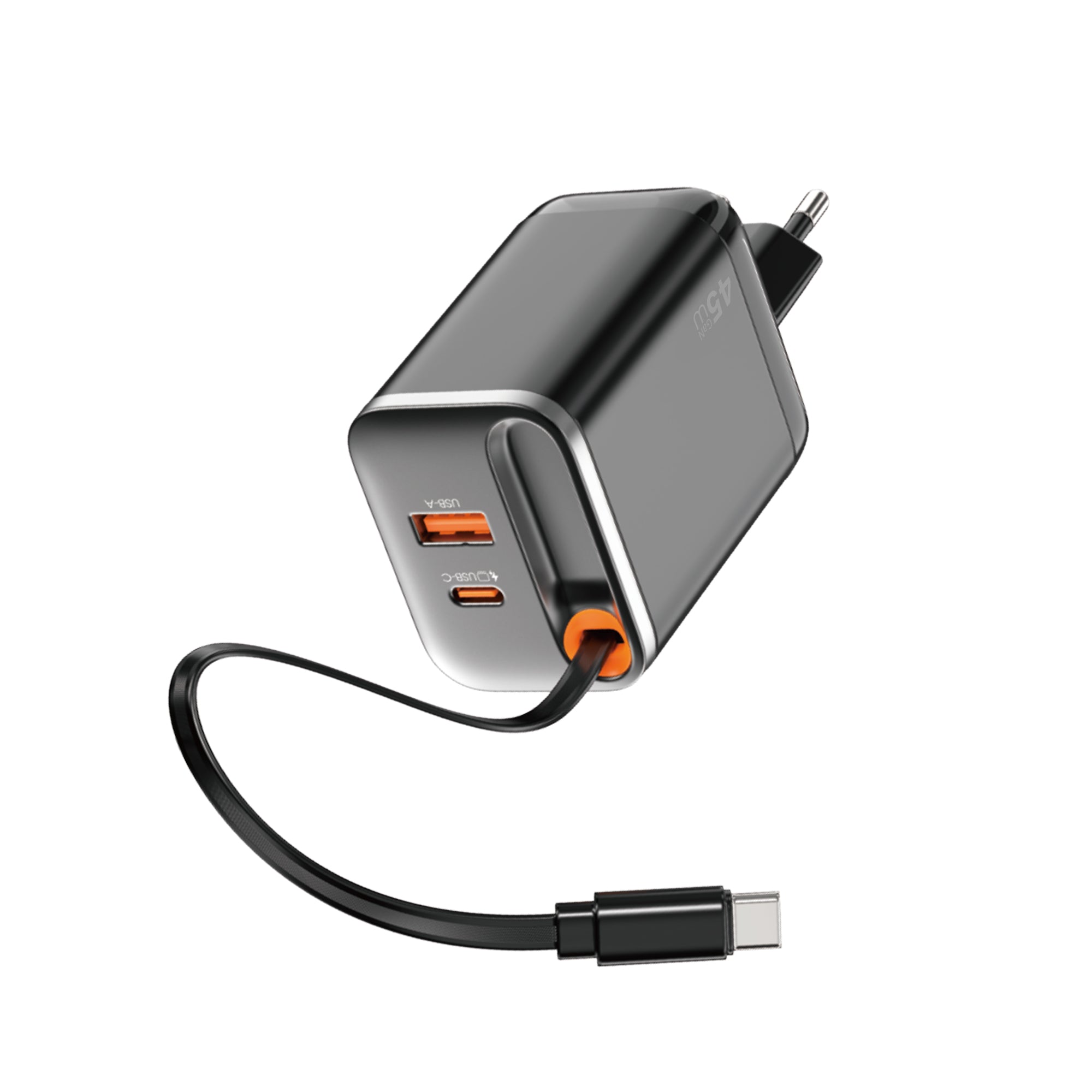 WiWU Wi-G021 45W GaN Charger with Retractable USB-C Cable & 3-Port PD Output