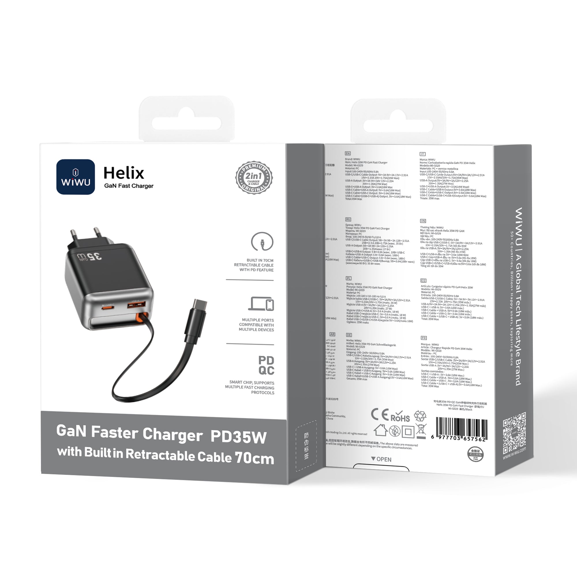 Helix GaN Faster Charger PD 35W with Built in Retractable Cable 70cm Wi-G029