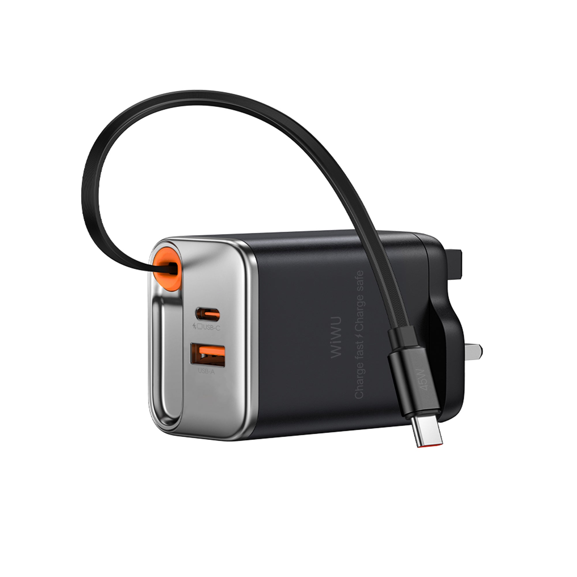 WiWU Wi-G021 45W GaN Charger with Retractable USB-C Cable & 3-Port PD Output
