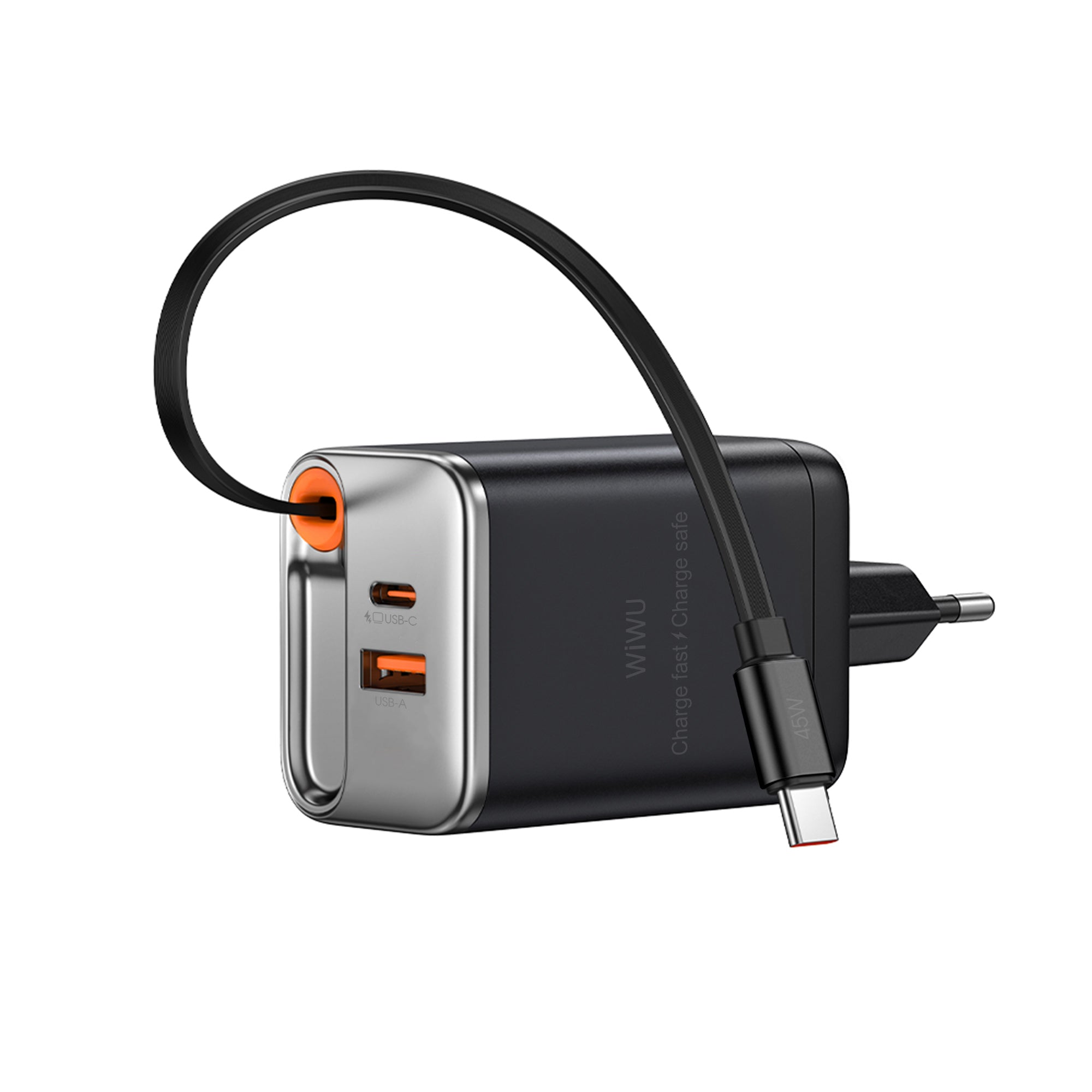 WiWU Wi-G021 45W GaN Charger with Retractable USB-C Cable & 3-Port PD Output