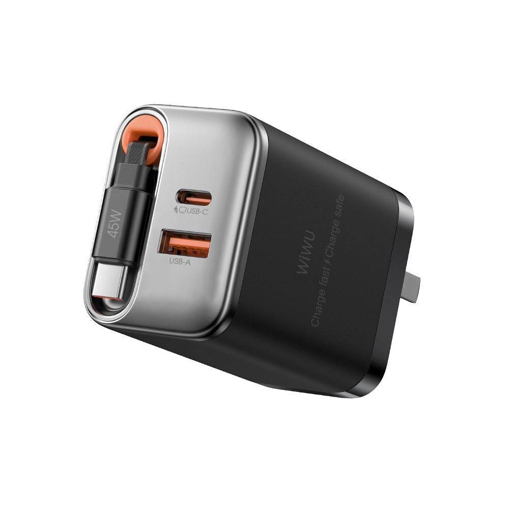 WiWU Wi-G021 45W GaN Charger with Retractable USB-C Cable & 3-Port PD Output