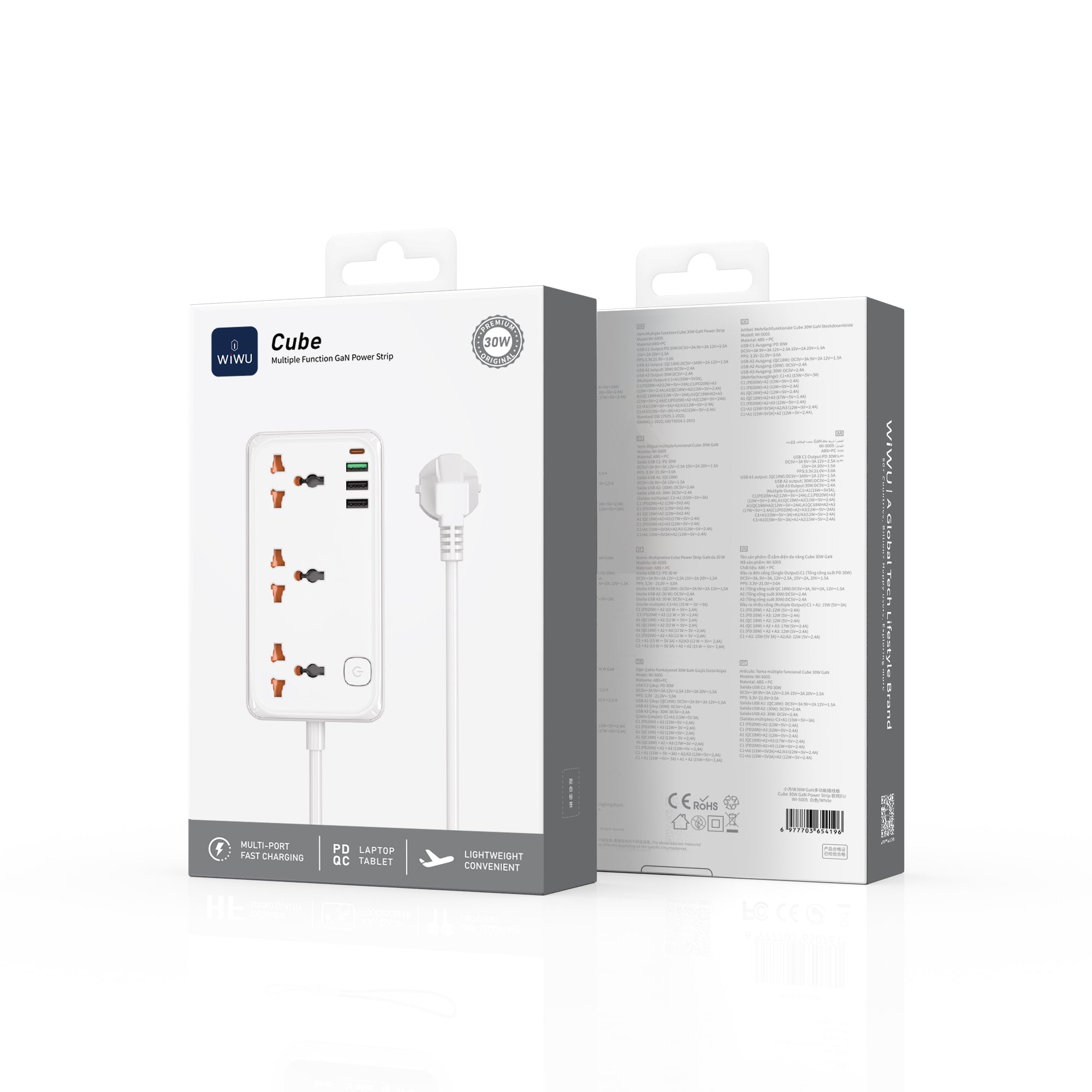 30W Cube Multiple Function GaN Power Strip 1C3A+3 sockets Wi-S005 EU/UK