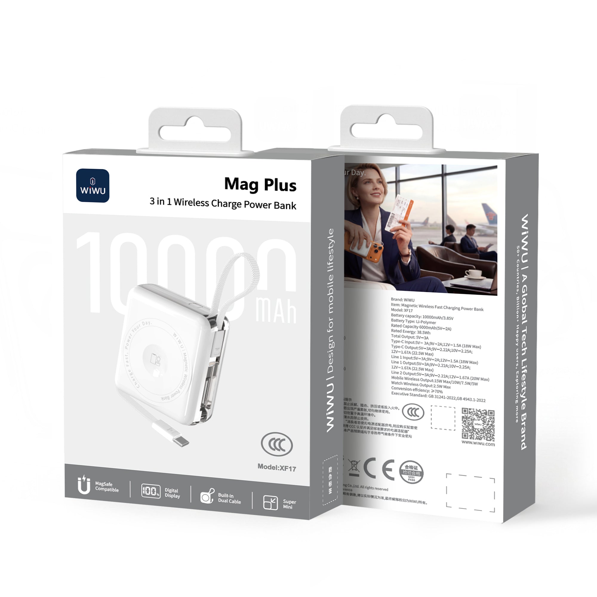 WiWU XF17 3-in-1 Magnetic Wireless Power Bank with Built-in Cable 10000mAh