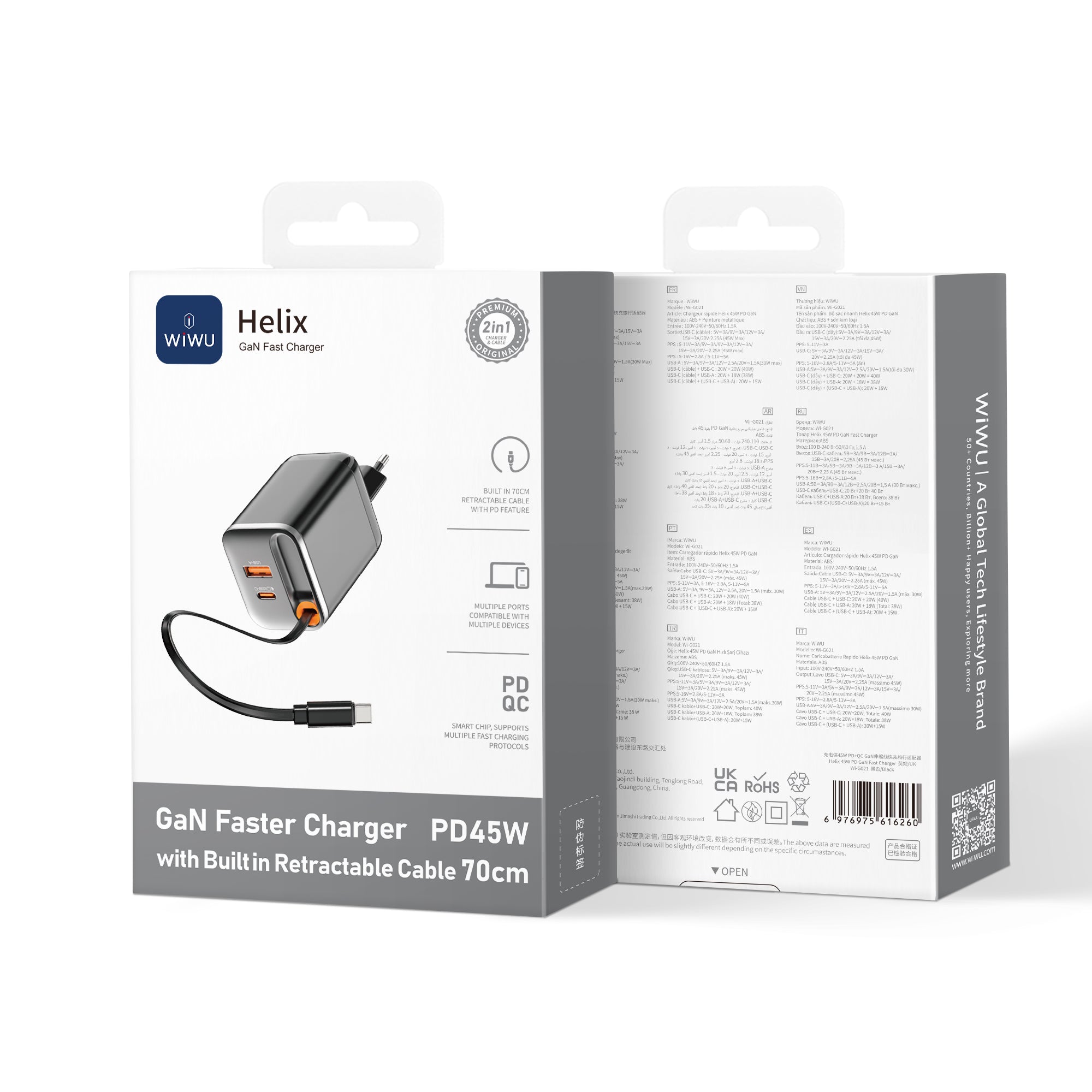 WiWU Wi-G021 45W GaN Charger with Retractable USB-C Cable & 3-Port PD Output