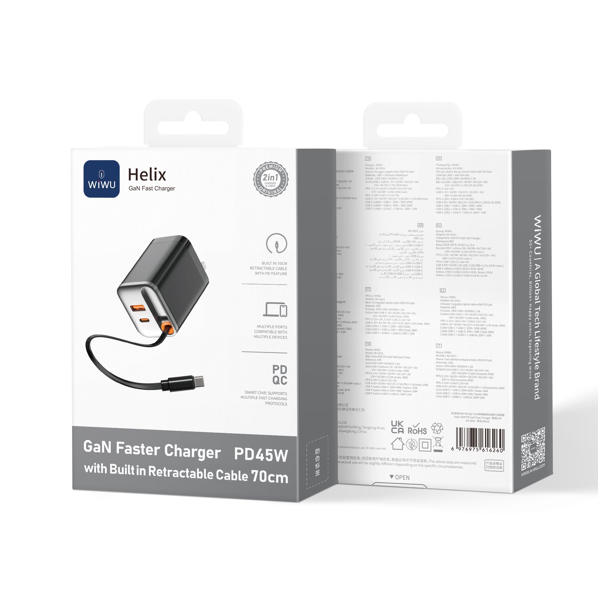 WiWU Wi-G021 45W GaN Charger with Retractable USB-C Cable & 3-Port PD Output