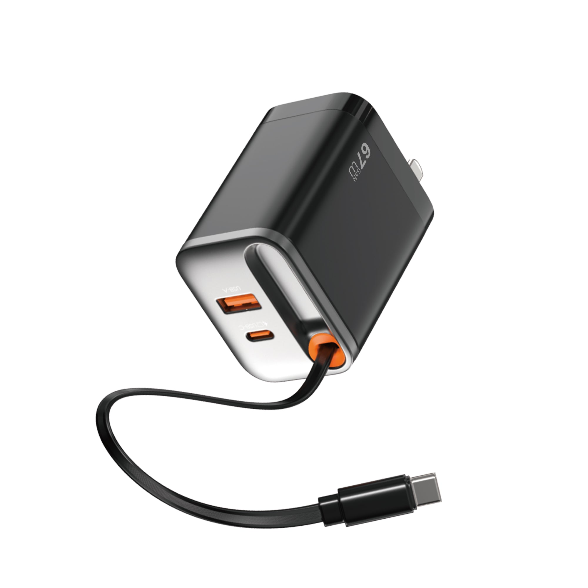 WiWU Wi-G020 67W GaN Charger with Retractable Type-C & Dual USB-C/A Ports