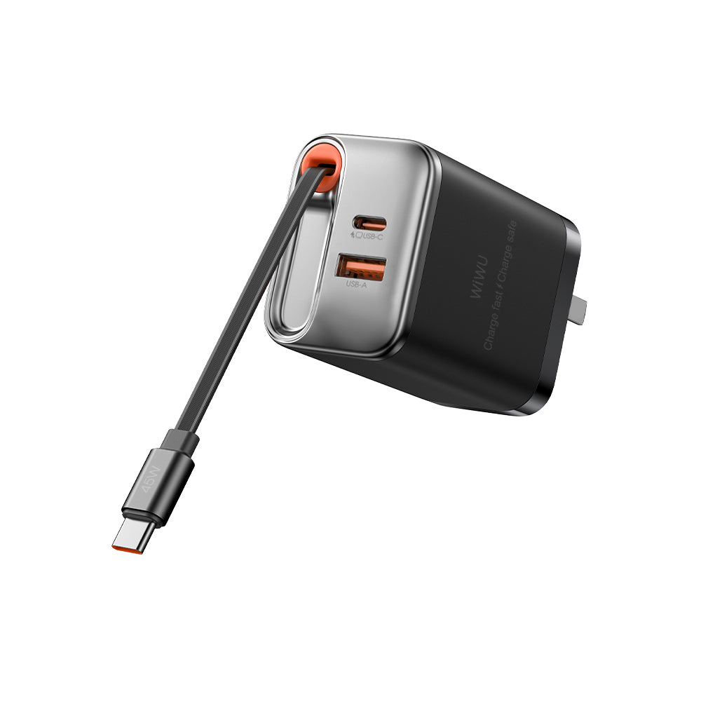 WiWU Wi-G021 45W GaN Charger with Retractable USB-C Cable & 3-Port PD Output